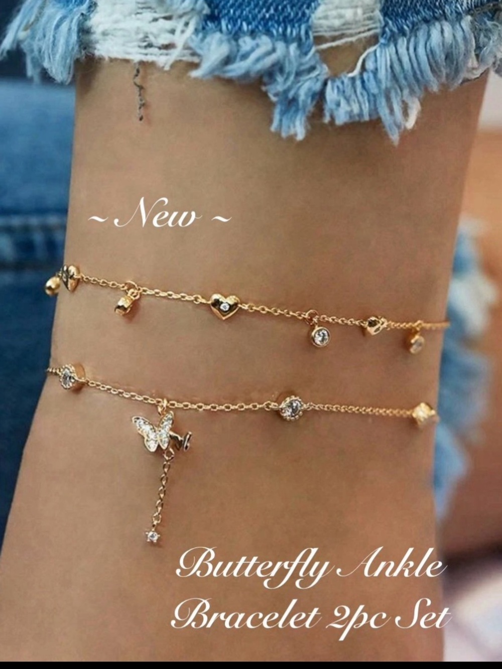 Gold Butterfly Charm Anklet Set - 2pc